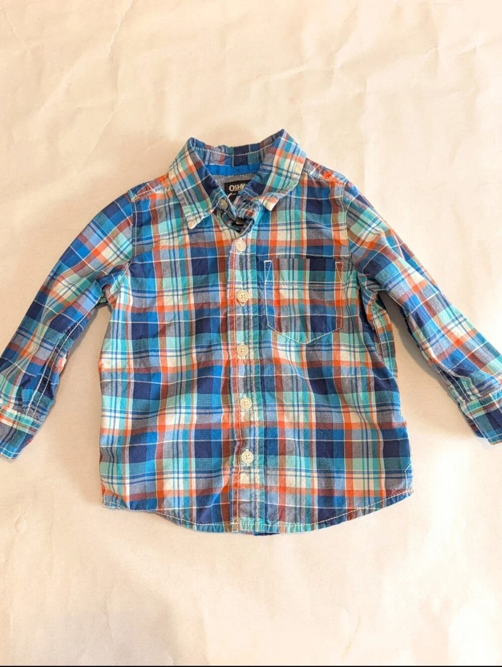 Osh Kosh B'Gosh Boys 2T Blue Green  Orange Plaid Long Sleeve Button Down Button